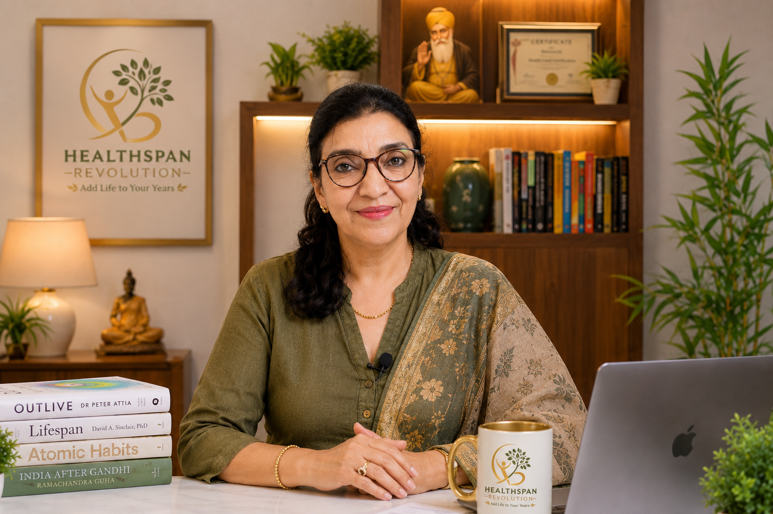 Meenakshi Mahendroo, Founder and Healthspan Coach, at her desk