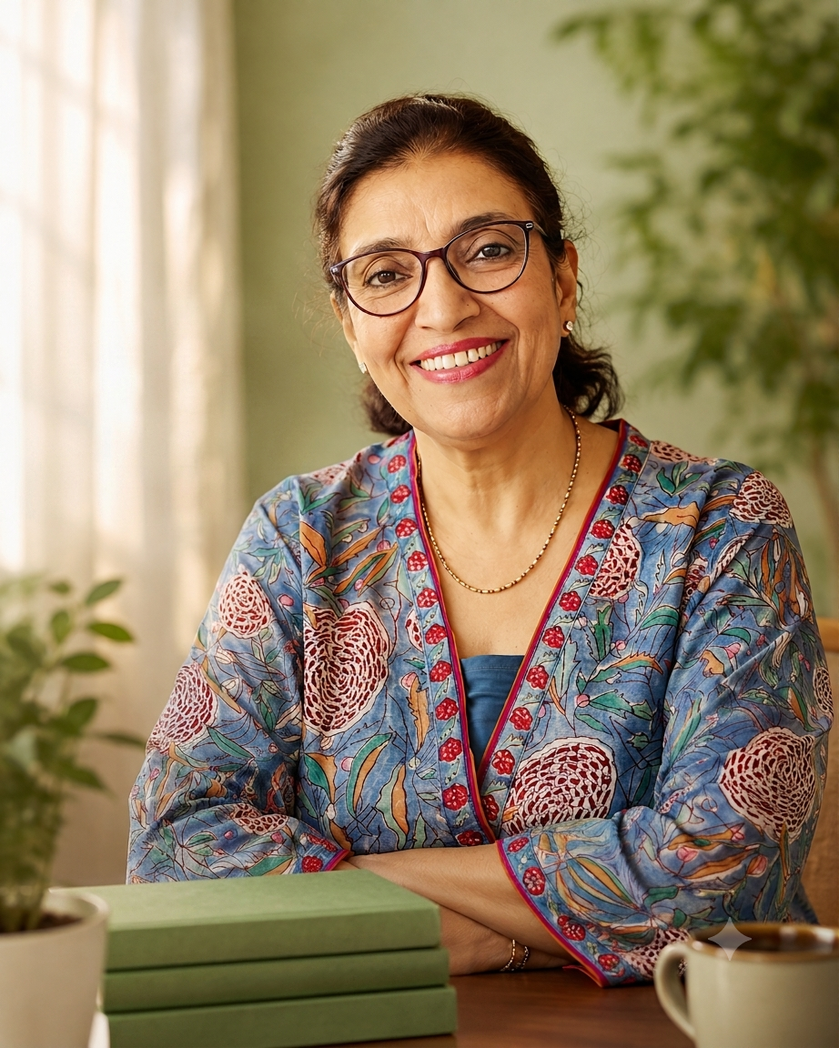 Meenakshi Mahendroo smiling in a calm wellbeing setting