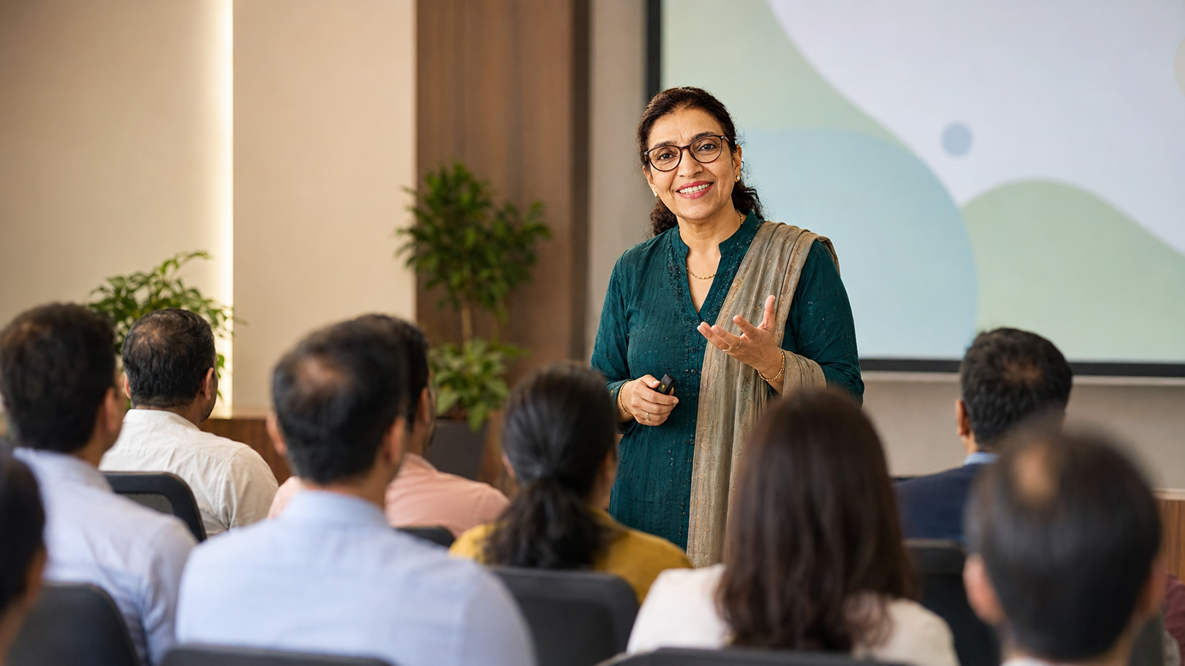 Meenakshi Mahendroo conducting a corporate wellbeing session