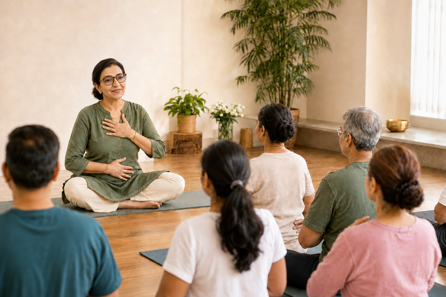 Meenakshi Mahendroo leading a yoga and wellbeing session